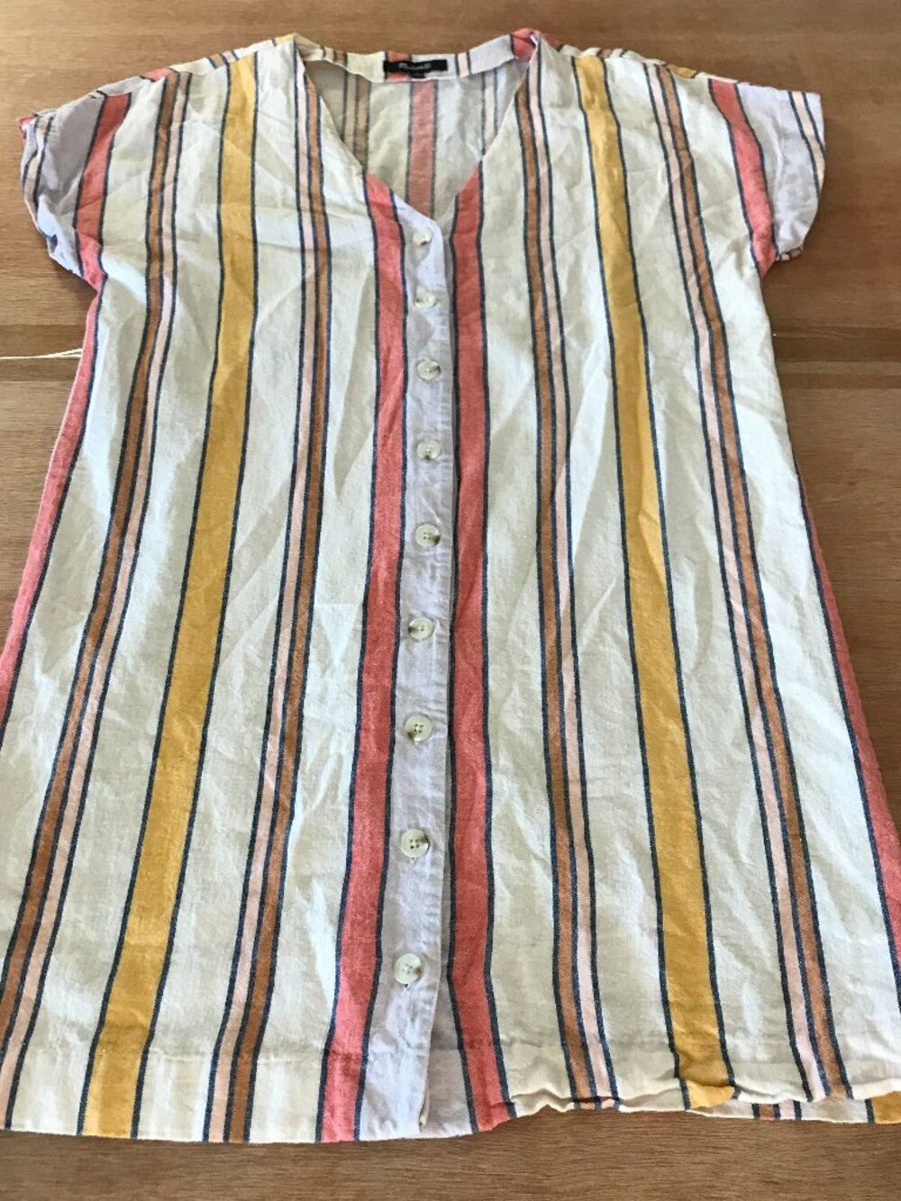 Madewell Button Front Easy Dress Women XS Red Towel Stripe Linen Cotton V Neck